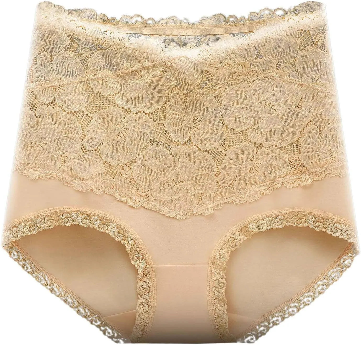 Culotte haute gainante en dentelle florale modèle Séléné, vue de face soulignant la zone de maintien abdominal et la finition dentelle raffinée. beige